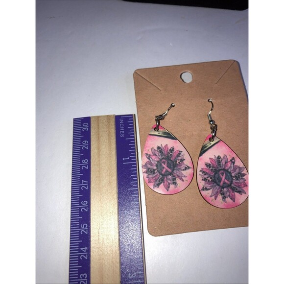 Hypoallergenic Dangle Drop Earrings breast Cancer Awareness Pink Ribbon - Picture 3 of 4